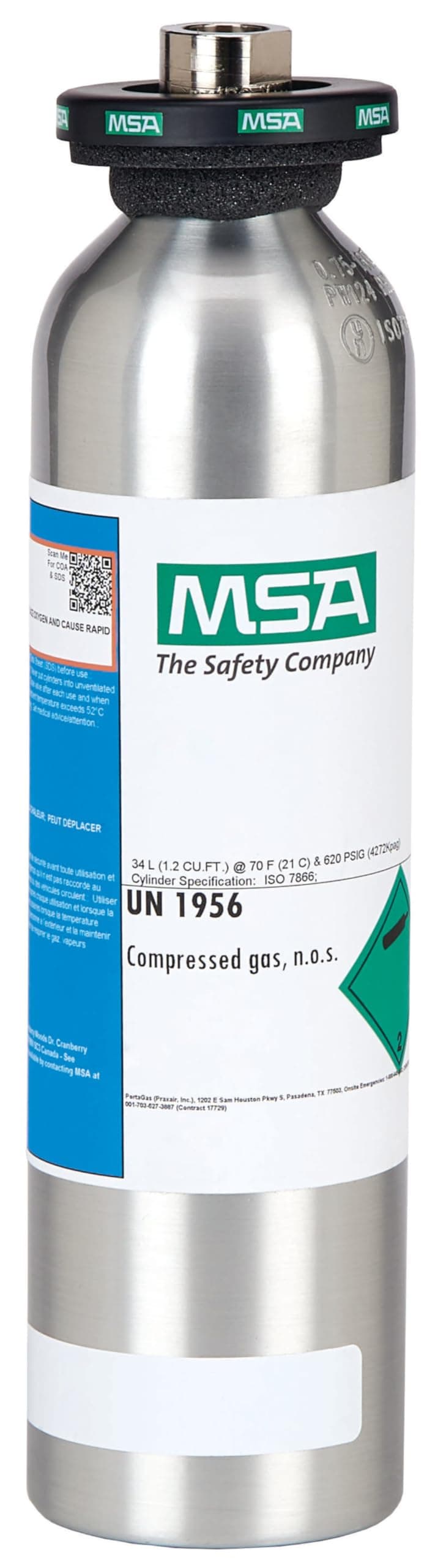 MSA 10048280 Cilindro de calibración aluminio 34L, 1.45% CH4 / 15% O2 / 60 ppm CO / 20 ppm H2S