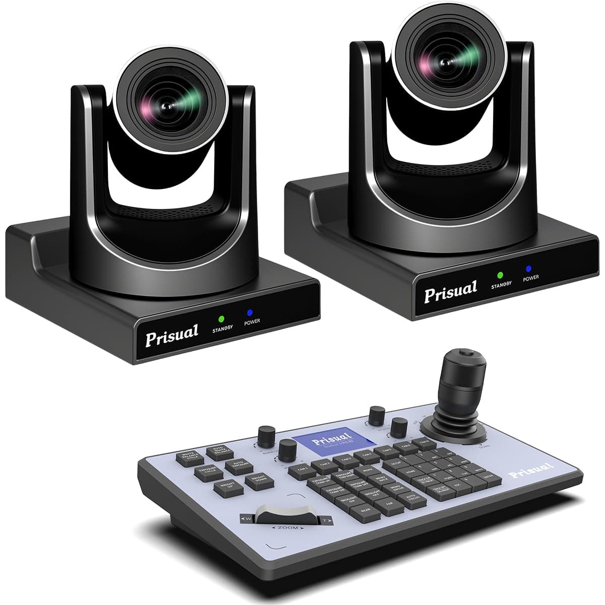 Prisual PTZ Camera System Gen 5 con Auto-Tracking AI, 20X Optical Zoom, Bundle PoE HDMI SDI (TEM-20S PRO x2 + TEM-JOY1) TES-202 x2