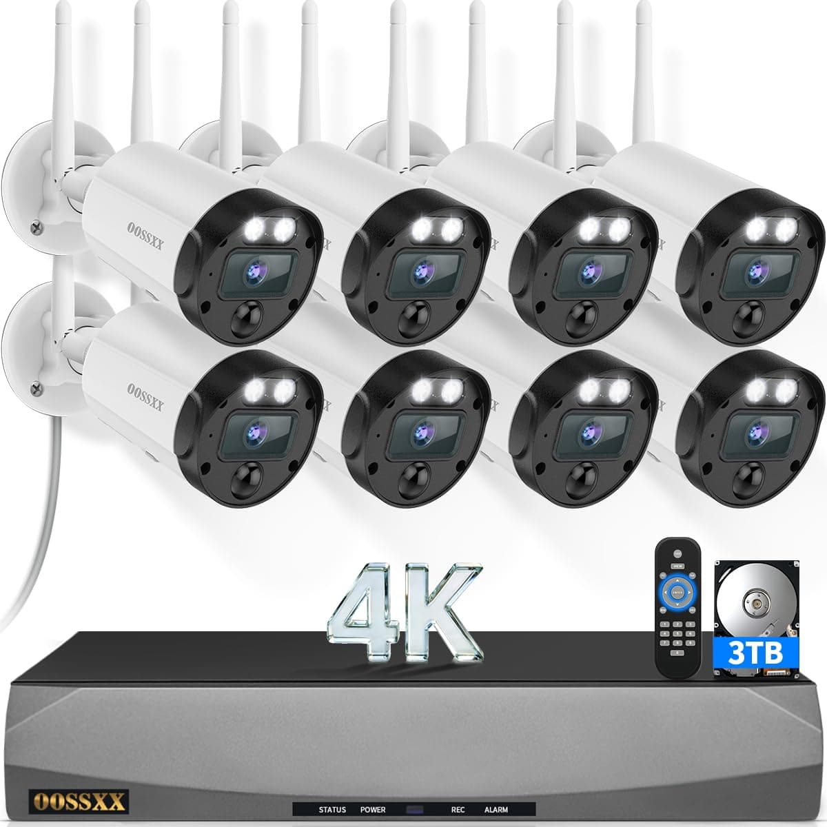 OOSSXX (4K Ultra HD y 4 antenas señal fuerte) Sistema de cámaras de seguridad inalámbricas exterior Videovigilancia Cámaras WiFi Free APP No Month Fee