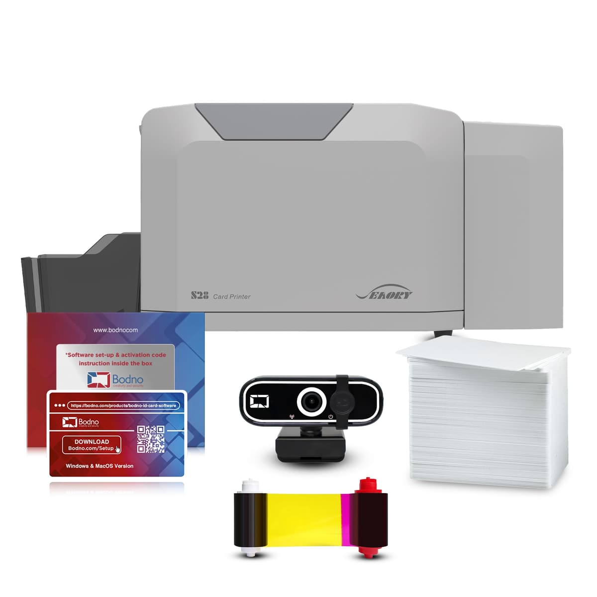 Bodno Seaory S28 Impresora de tarjetas de identificación de doble cara y paquete completo de suministros Software de identificación y cámara - Edición plateada S28DSSB