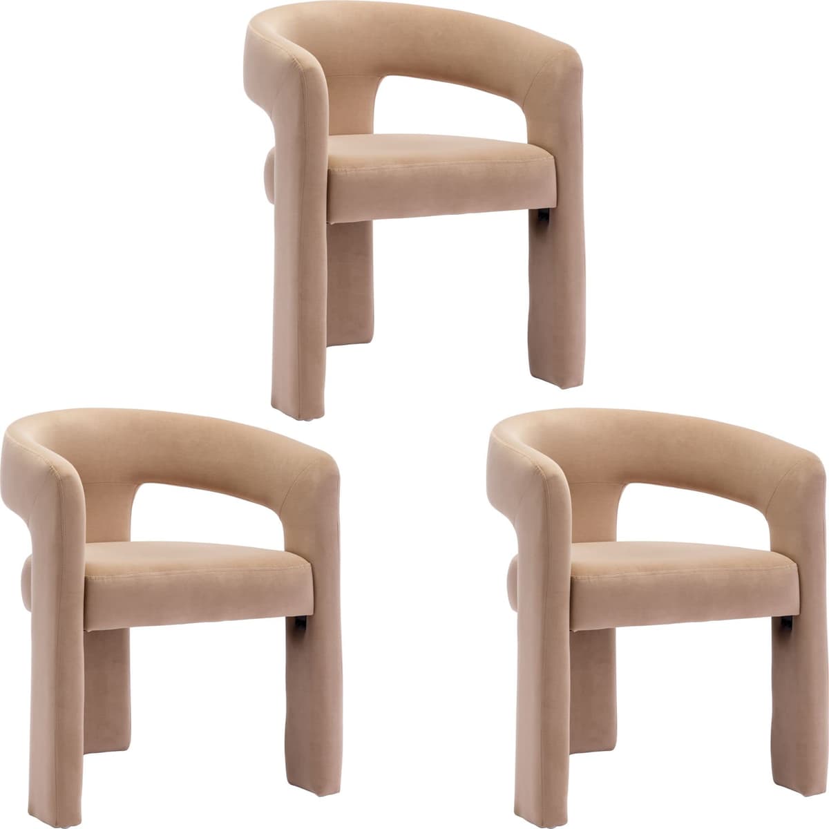 BESTANO Set de 3 sillas modernas tapizadas en terciopelo con respaldo abierto, caqui Charles