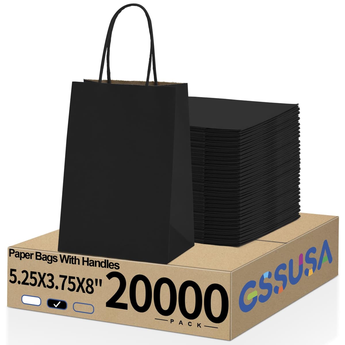 GSSUSA Paper Gift Bags 5.25x3.75x8 Inch - 20,000 pack (Black)