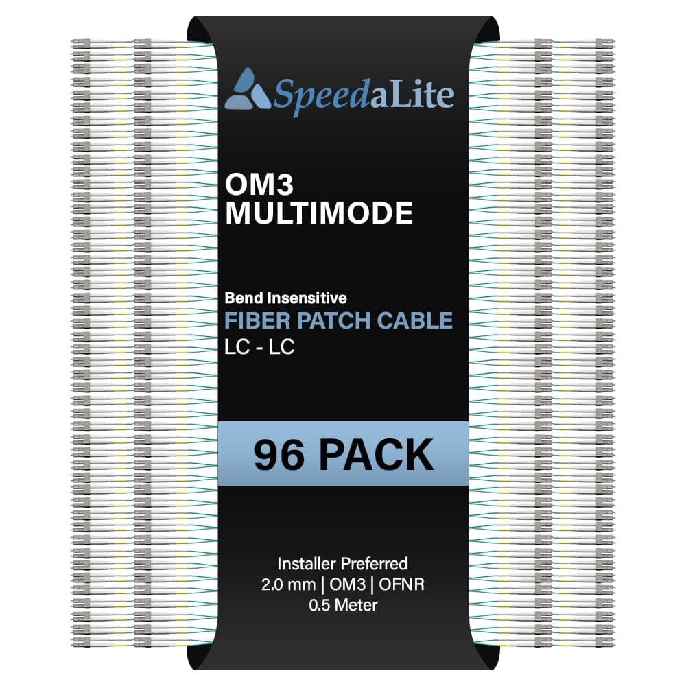 SpeedaLite Cable patch multimodo dúplex OM3 de 0.5 metros - Paquete de 96, conector LC-LC, 10Gig OFNR, vidrio Corning de alta velocidad para red, centro de datos, LAN, FTTH, telecomunicaciones FJ5GLCLC-0.5M-96PK