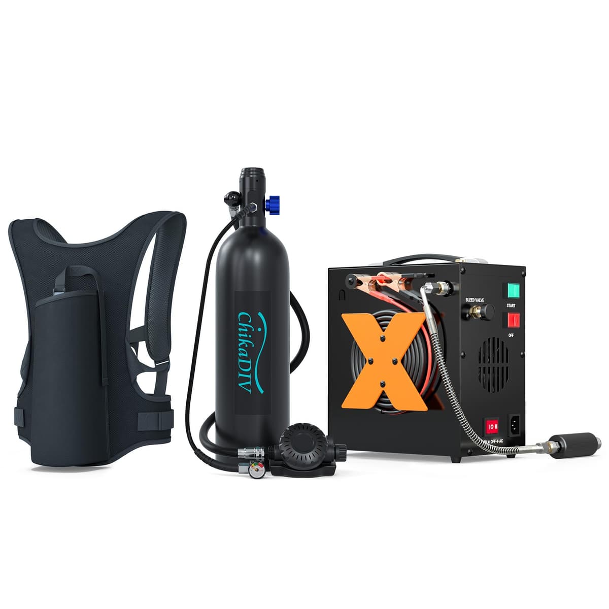 CHIKADIV Mini Scuba Tank 1.9L Negro - Cilindro Portátil con Compresor y Chaleco