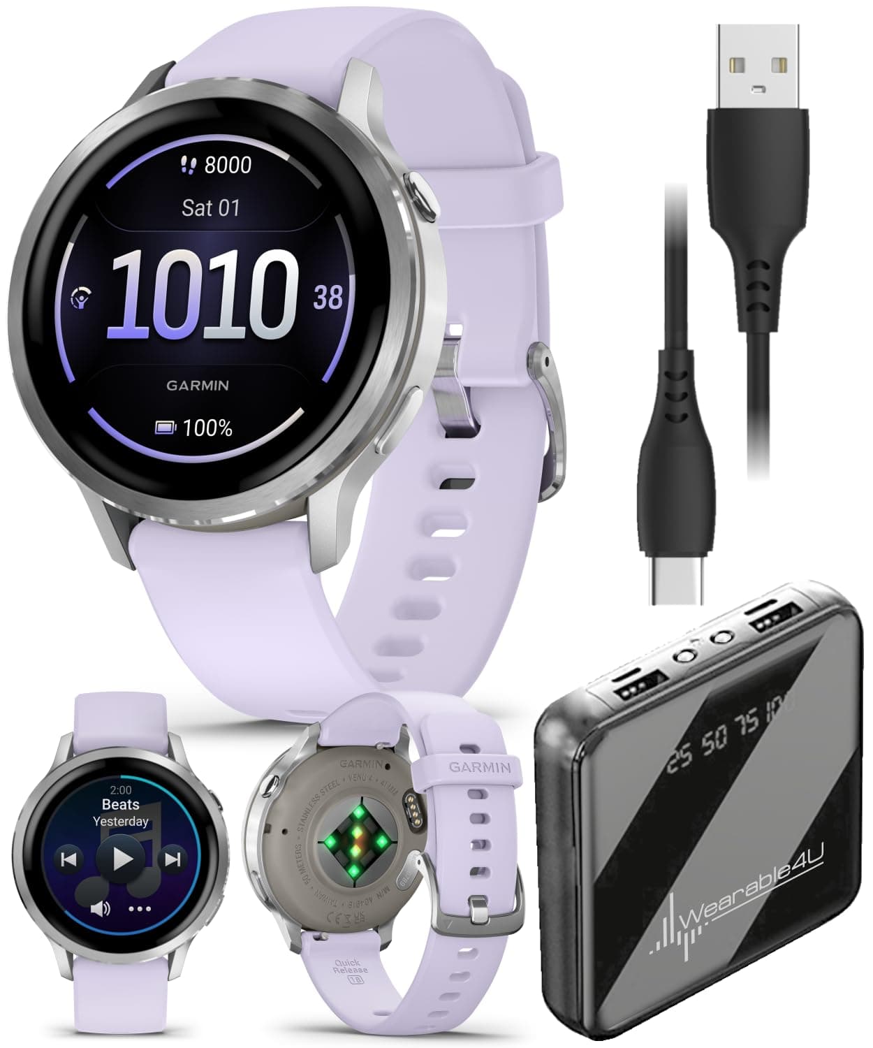 Wearable4U Garmin Venu 4 41mm Silver con banda Periwinkle + PowerBank