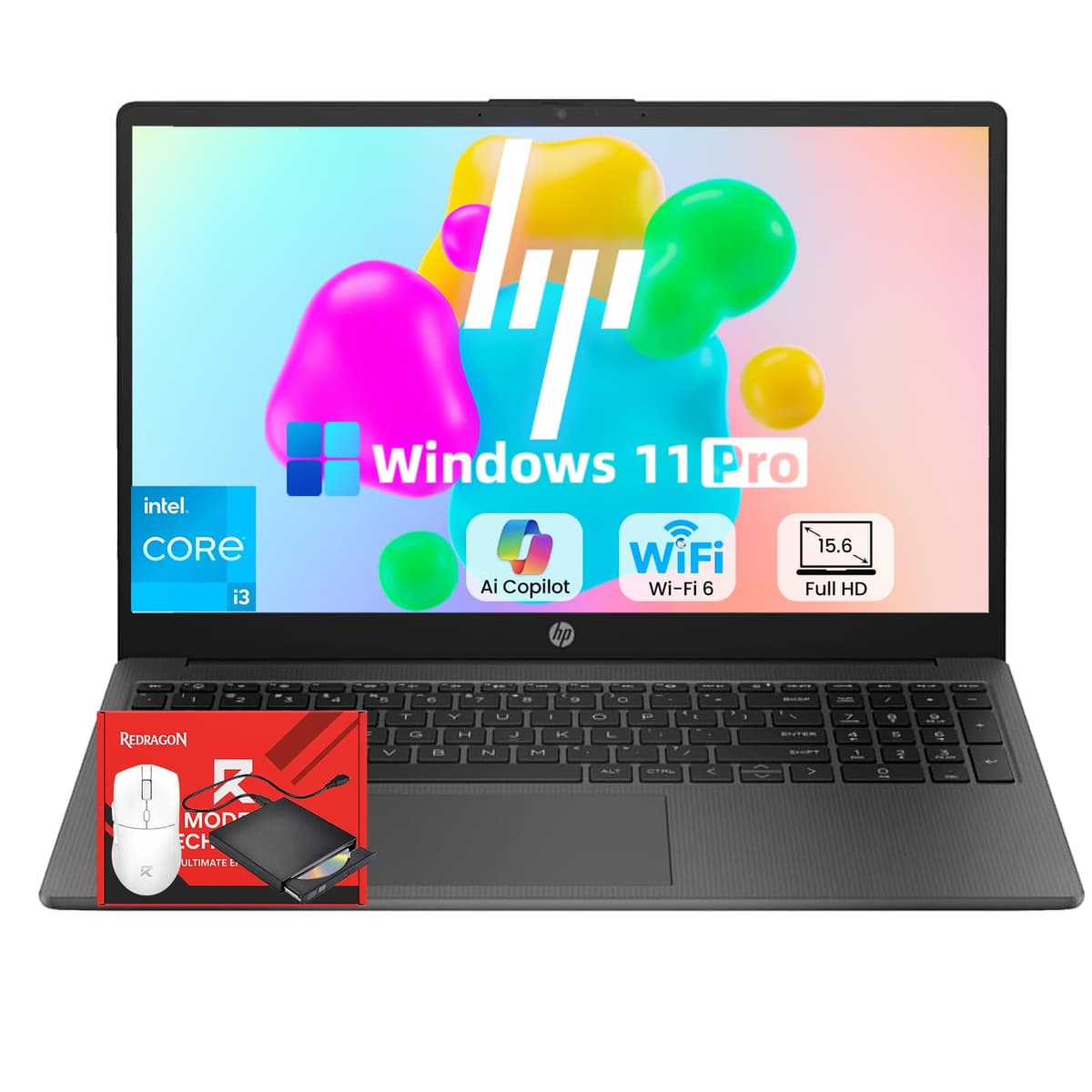 HP 250R-G9 Portátil Empresarial Insignia - con Copiloto de IA y Unidad CD/DVD Gratis - 15.6" Full HD - i3 1315U (Mejor que Intel i5-1235U) - Wi-Fi 6 - Windows 11 Pro con Paquete Redragon (32GB RAM | 1TB SSD) 255