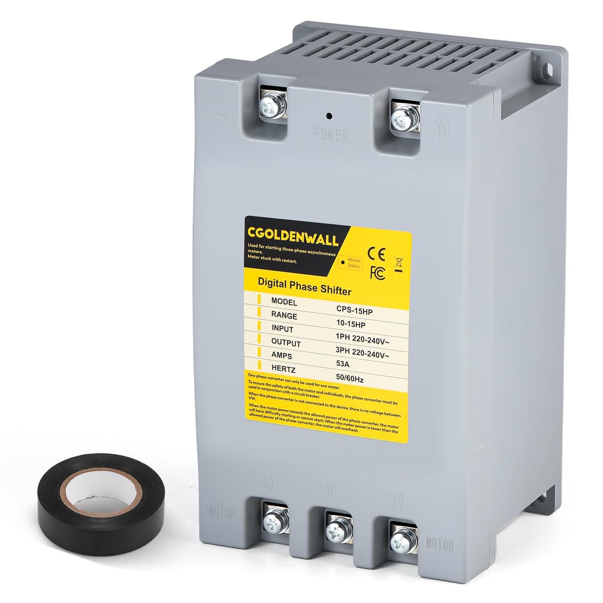 Convertidor CGOLDENWALL de Fase Simple a Trifásico 15HP/11KW 53A 220V-240V Entrada/Salida Desfasador Digital, Carga Nominal 15HP/11KW, Cargas Pesadas 10HP/7.5KW, Un Convertidor para Un Motor