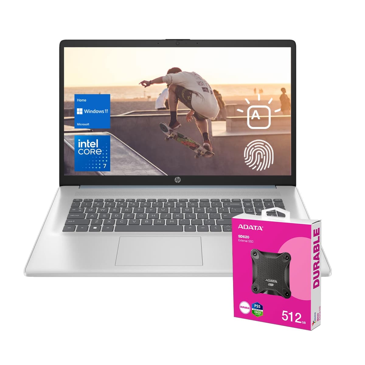 HP 2025 Essential 17.3" FHD Core 7 150U, 32GB RAM, 2TB SSD, Lector de huellas, Teclado retroiluminado, Windows 11 Home, Blue, con ADATA 512GB externo 17t-CN400
