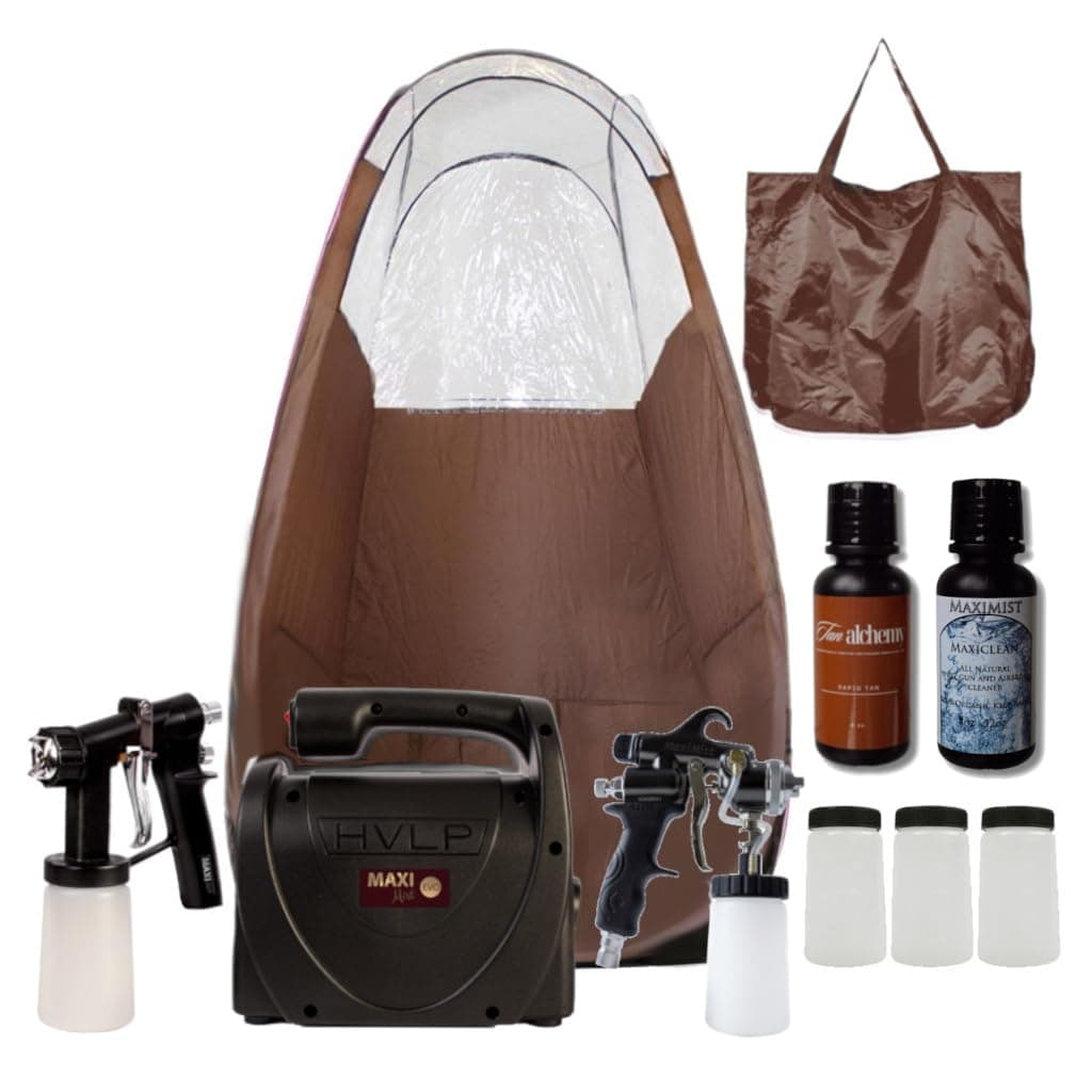 MaxiMist Elite Evo Pro Plus Kit profesional de bronceado sin sol con carpa marrón y dos pistolas de spray