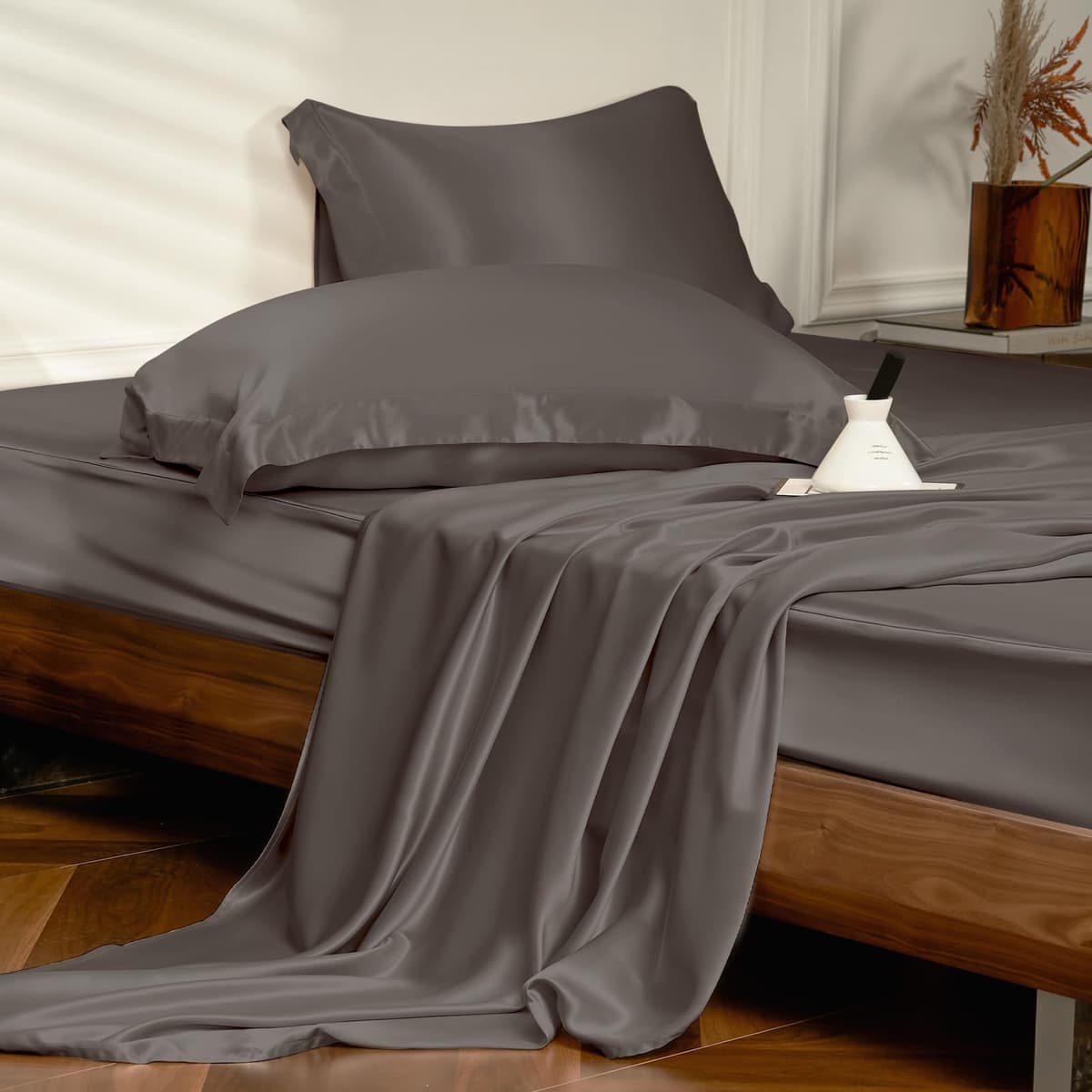 THXSILK Juego de Sábanas de Seda 25 Momme Mulberry 4 piezas (King, Carbón)