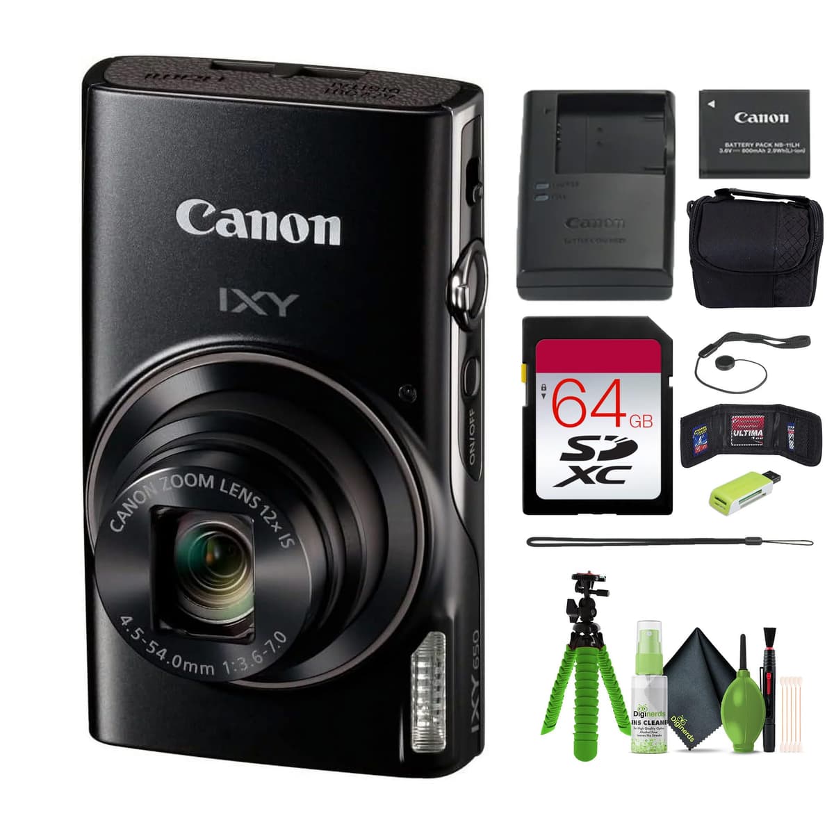 Cámara digital compacta Canon PowerShot IXY 650 (ELPH 360) HS Zoom óptico 12x IXY650 (Negra) Paquete con tarjeta de memoria de 64 GB + Funda para cámara + Lector de tarjetas + Trípode para vlogs + Kit de limpieza + Más (Renovada) MA55544-AG2-1