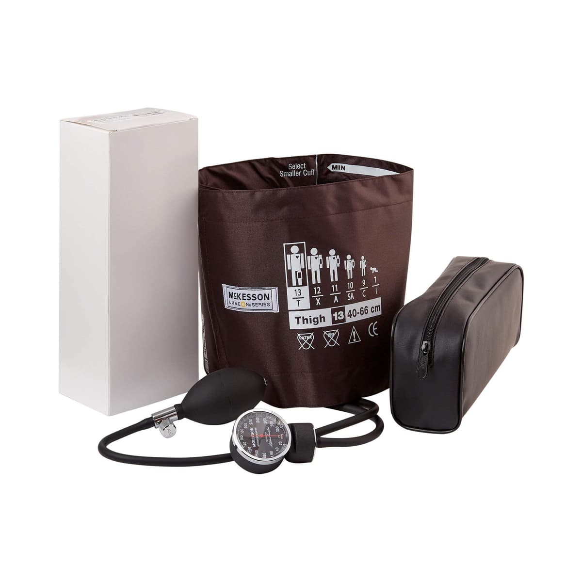 McKesson LUMEON Esfigmomanómetro aneroide deluxe con manguito de muslo adulto grande, marrón, paquete 12 01-720-13TBRGM