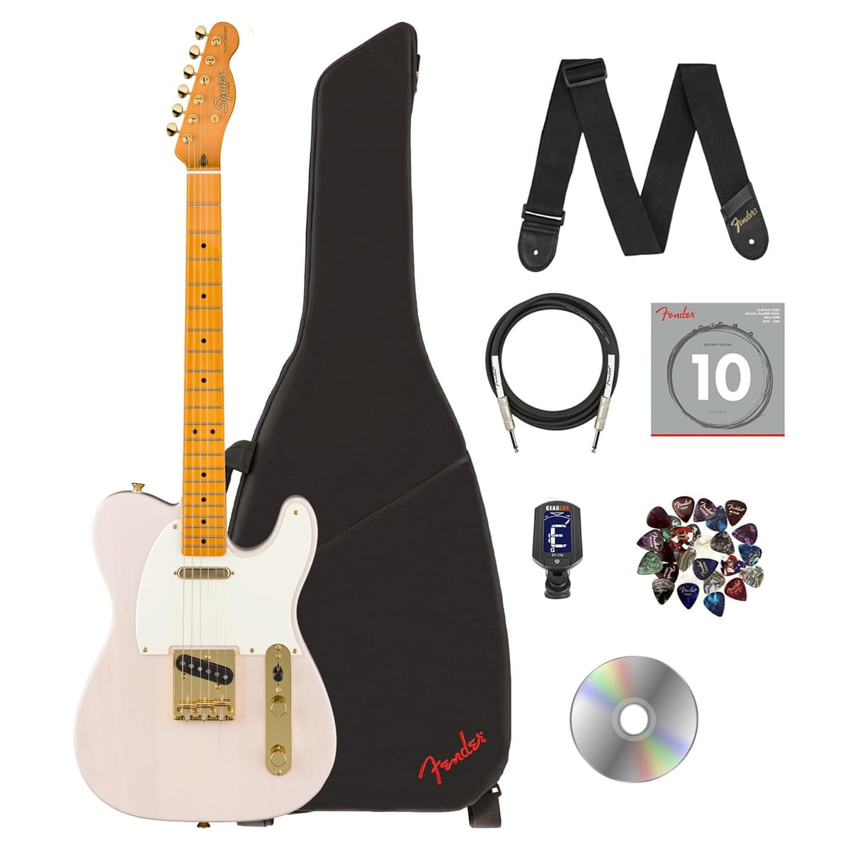 Fender Squier Classic Vibe Telecaster de los años 50 - Blanco Rubio, Paquete con Funda, Cable, Afinador, Correa, Cuerdas, Púas y DVD Instructivo Austin Bazaar AUS-0374029501-COMBO-DLX