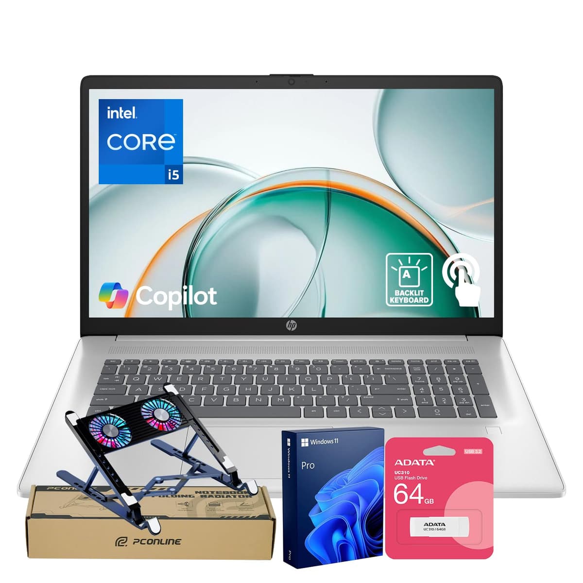HP Essential 2025 Laptop Empresarial, 17.3" HD+ Táctil, Intel Core i5-1334U, 32GB RAM, SSD 2TB, Wi-Fi 6, Windows 11 Pro, Webcam, IA de próxima generación, Teclado retroiluminado, Paquete con USB ADATA 64GB TPN-I139