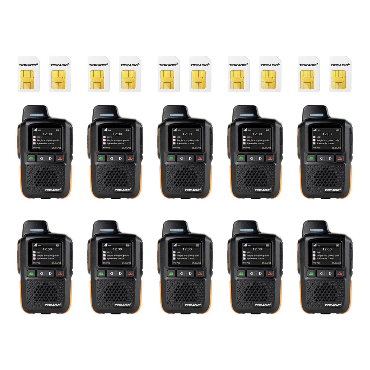 TIDRADIO M13 Handies Rapido Global Alcance Ilimitado 4G LTE PoC (Push-to-Talk Over Cellular) PTT Nacional Radio de Largo Alcance para Familia, Empresa, Logistica Paquete de 10 con Tarjeta SIM TD-M13