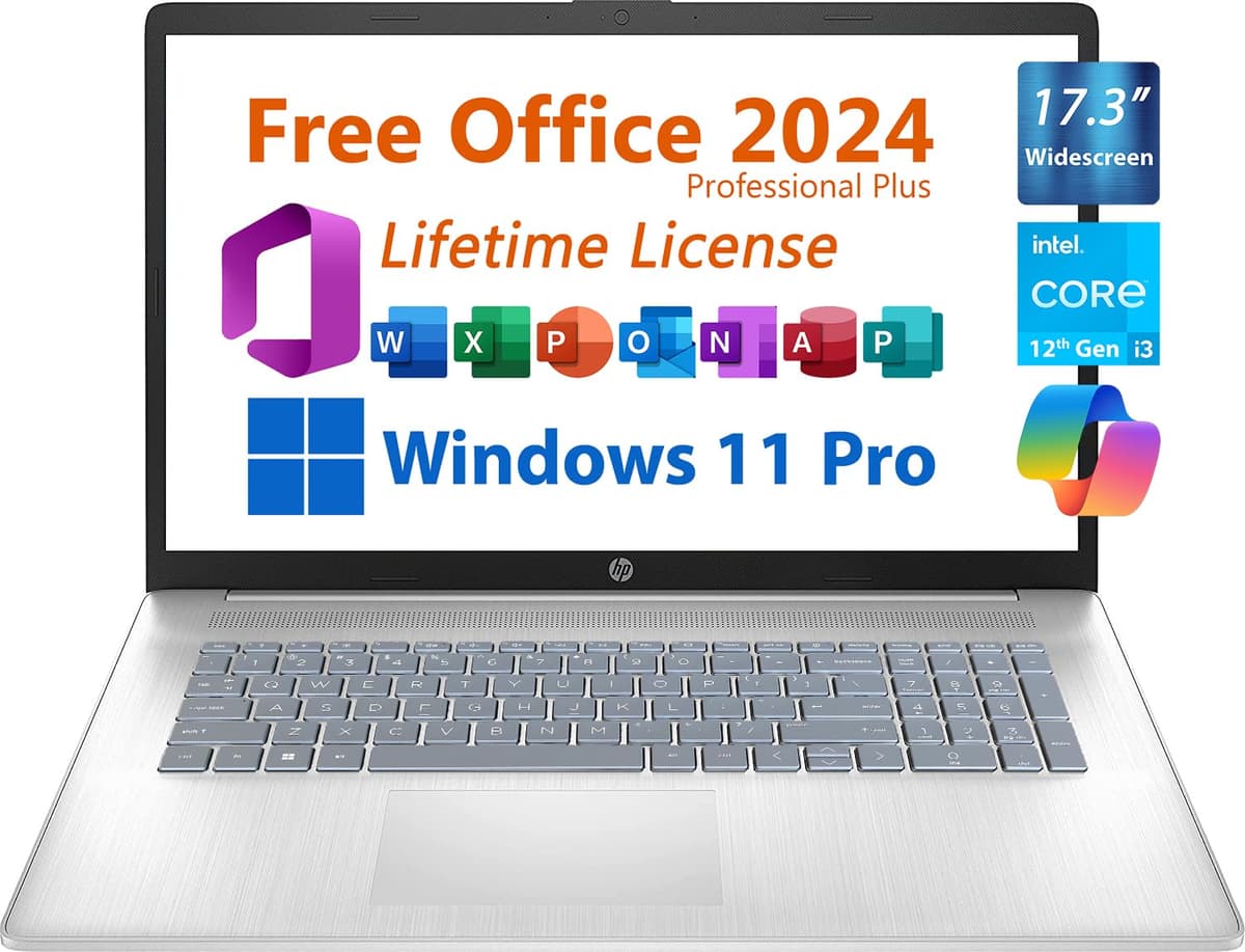 HP Laptop empresarial de 17.3", Office Microsoft 2024 gratis, Copilot IA Chat, pantalla FHD panorámica no táctil, Intel i3-1215U de 6 núcleos hasta 4.4 GHz, 32GB DDR4, 1TB SSD, 6 horas de batería, Windows 11 Pro 17-cn2083dx