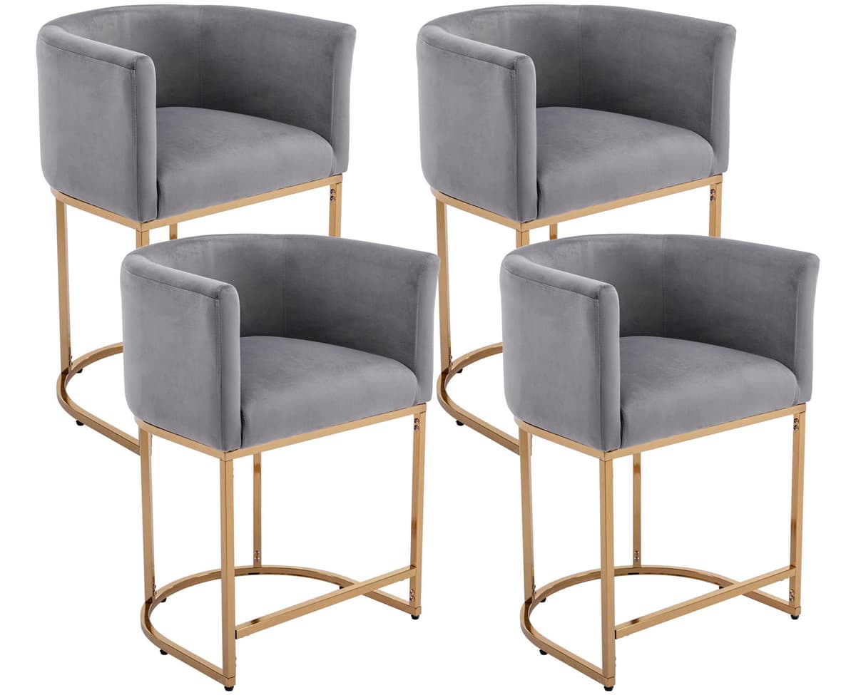 Taburete de bar VESCASA 24" altura de mesada con respaldo tipo barril y brazos, asiento tapizado con cojín de 4.5" de altura moderno para isla de cocina con estructura metálica dorada, juego de 4, Terciopelo Gris Claro