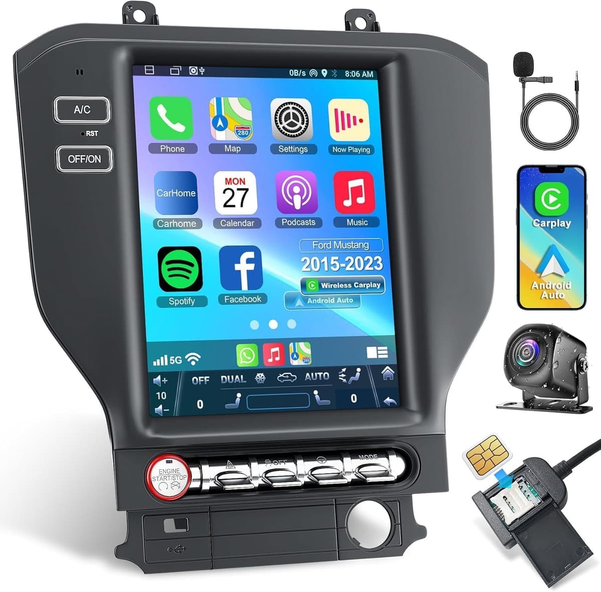 Inexaccessories Radio para auto Android 13 de 8 núcleos para Ford Mustang 2015-2023, pantalla táctil IPS de 10.4 pulgadas con CarPlay/Android Auto inalámbricos, GPS, WiFi, Bluetooth, FM, compatible con OBD2/DSP/DVR