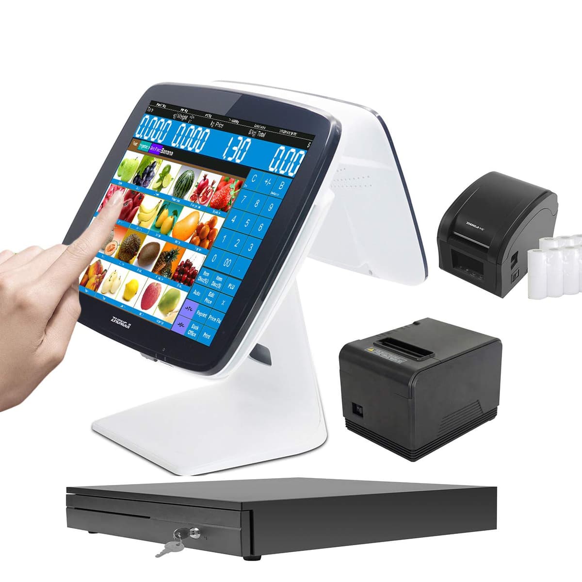 ZHONGJI Cash Register Smart Touch Screen Win10 PC I5 8G RAM 128G Disk POS System para tiendas retail con impresora de recibos, cajón y etiqueta ZHONGJI-NEWS-A3D-BUN08