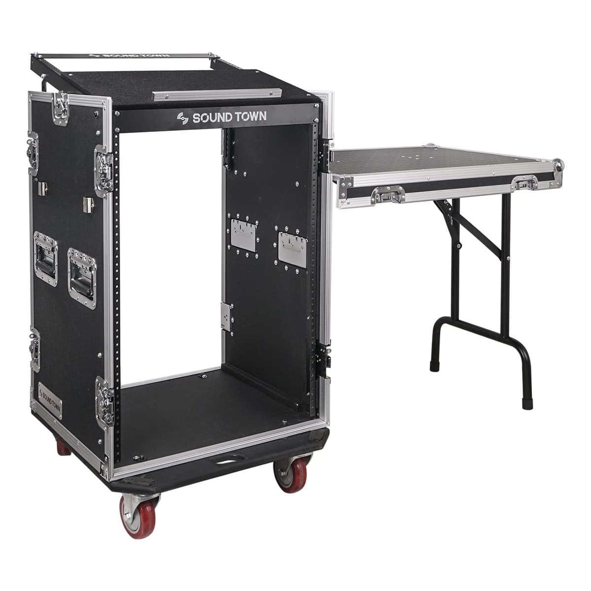 Sound Town Flight Case 16U Plywood 1/2" con Top Inclinado 11U, Profundidad 20", Mesa DJ y Ruedas (STMR-16UWT)