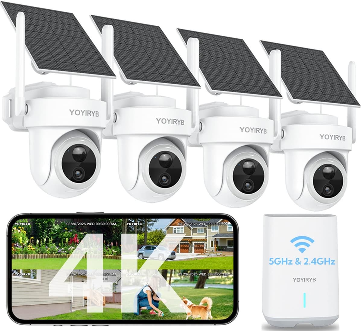 YOYIRYB Cámaras de Seguridad 4K Inalámbricas para Exteriores, Sin Suscripción, [NUEVO 2026] Sistema de Cámaras de Seguridad para el Hogar con Energía Solar, Seguimiento Automático 360°, Visión Nocturna a Color, Almacenamiento Local de 64 GB, WiFi 5G y 2.4G, Instalación Fácil A70W4
