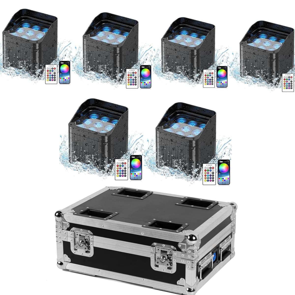 ZEMOJ 9LED Par Uplight inalámbrico recargable RGBWAUV 6in1 con batería 9600mAh, DMX y APP (6 unidades + flightcase) ZQ01241