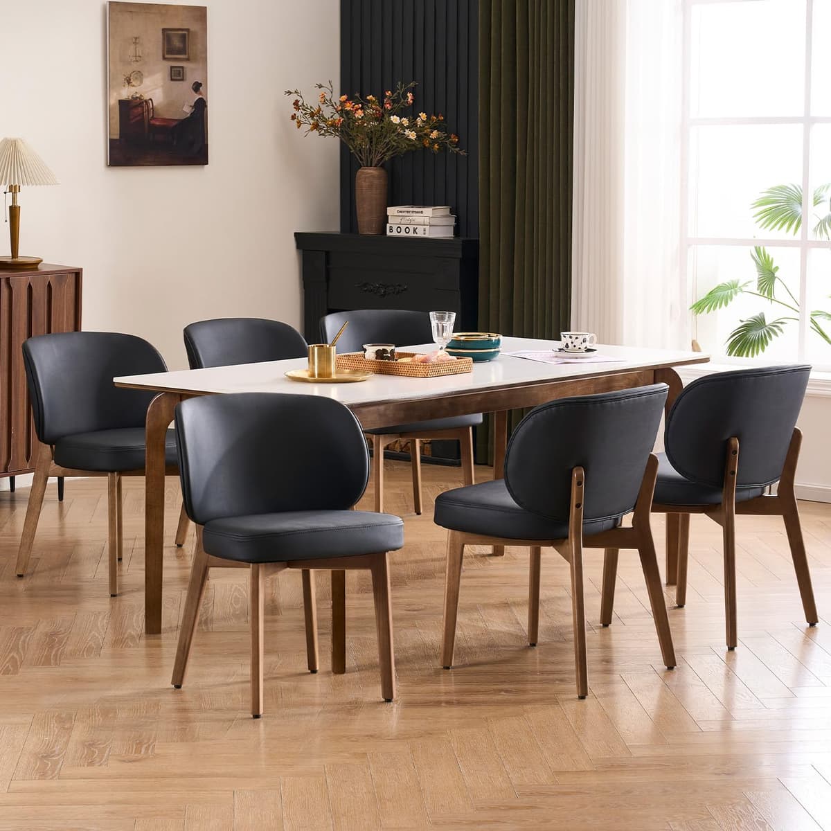 YOUNUOKE Set de 6 Sillas Tapizadas PU con Respaldo Ancho y Patas de Madera, Negro 666945947000