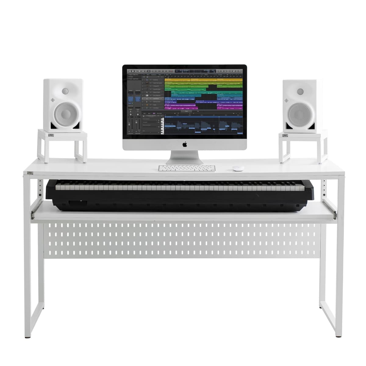 LYYL Music Studio Desk Workstation 88 con bandeja para teclado y bracket de altura (Blanco, 88 teclas) 2025-MD-1560-W