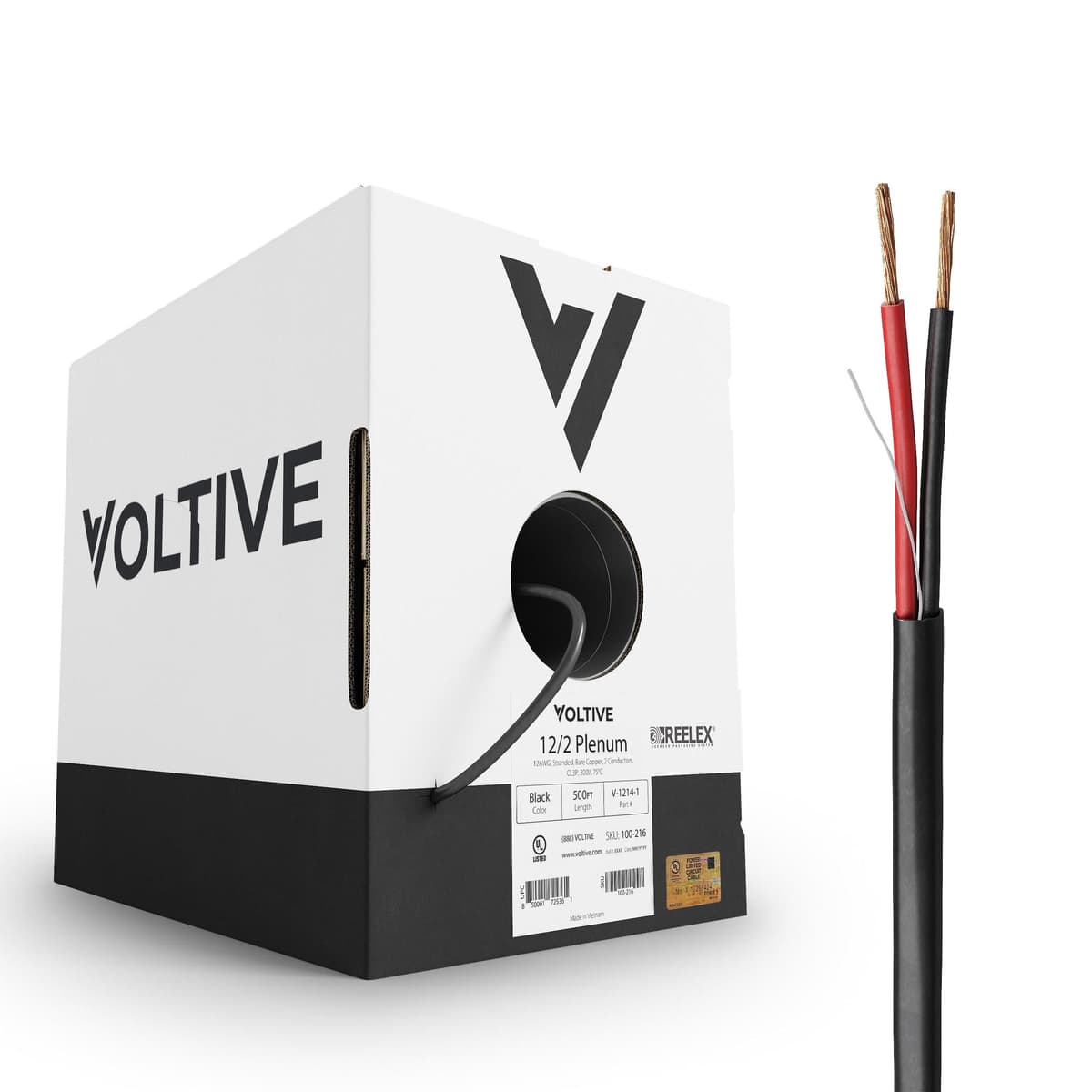Voltive Cable para Altavoces 12/2, Plenum CL3P, Negro, 500 ft - 12AWG, 2 Conductores, Cobre Libre de Oxígeno Trenzado, Certificado UL - V-1214-1