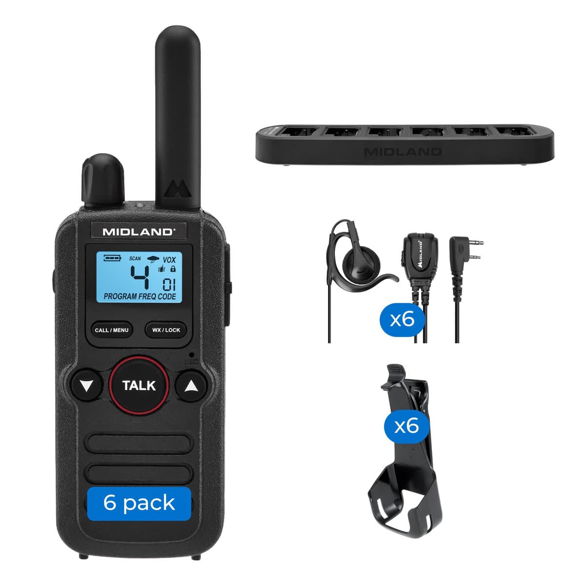 Midland BR180 BizTalk paquete de 6 radios comerciales con cargador múltiple BR180X6BGC