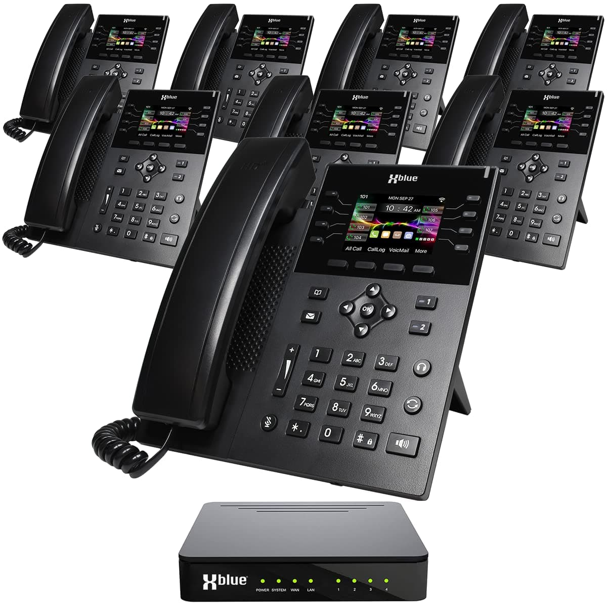 XBLUE QB1 System Bundle con 8 teléfonos IP8g incluyendo Atendedor Automático, Buzón de Voz, Extensiones a Celular y Remotas y Grabación de Llamadas qb1-ip8g-4x8