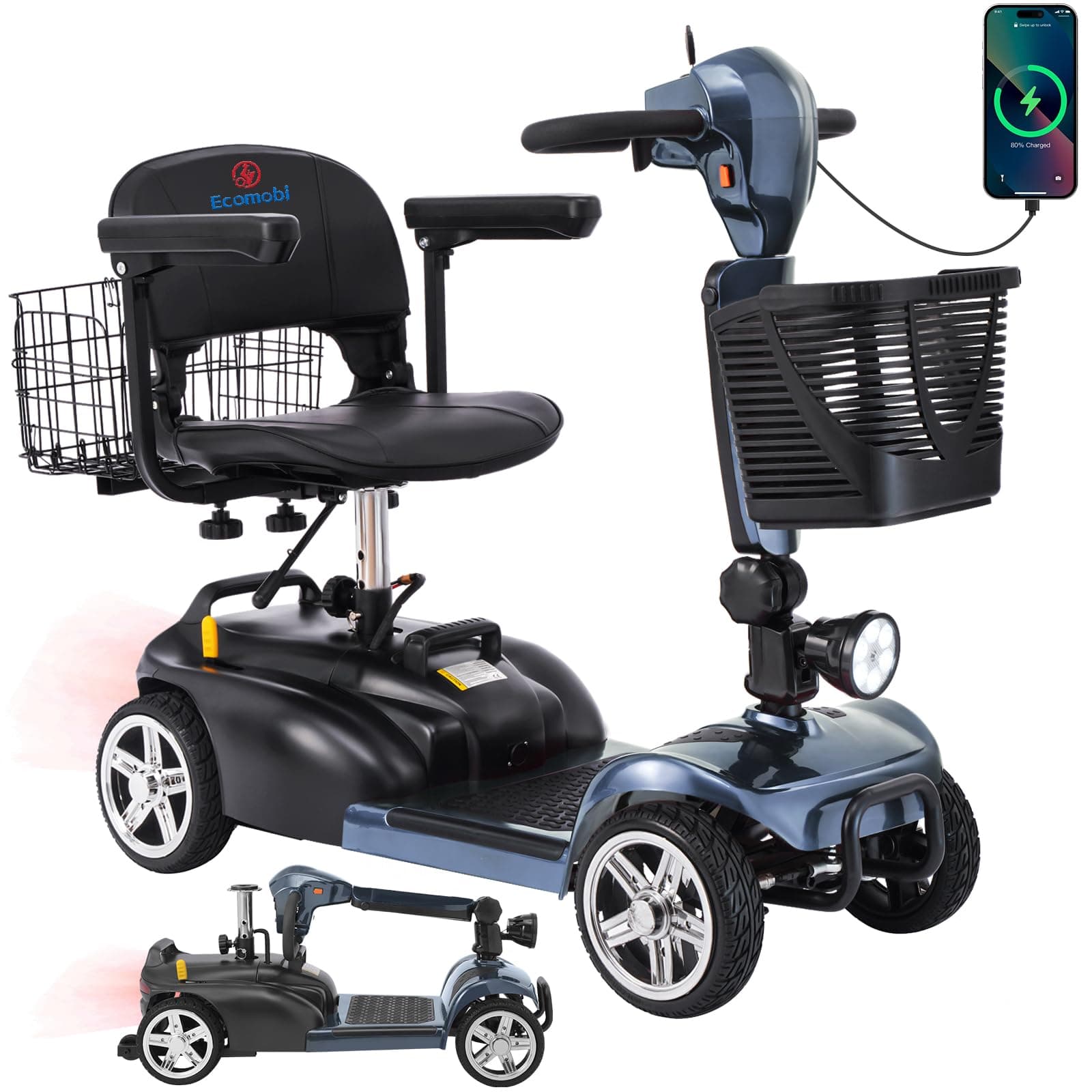 Ecomobi Scooter de Movilidad 4-Ruedas 350W 15-30 Miles con Batería Removible MS02Z-15Ah