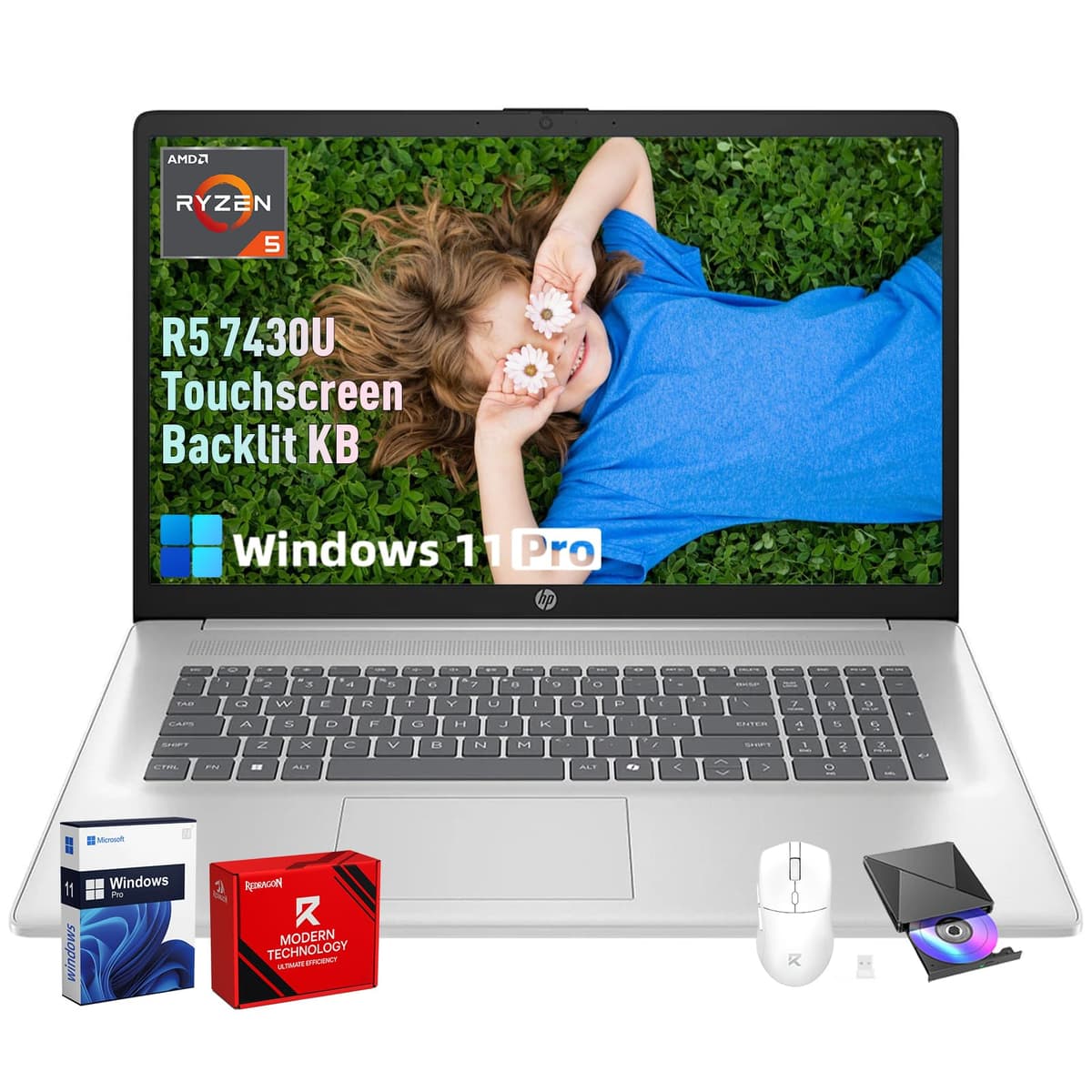 HP Laptop táctil de 17.3", pantalla antirreflejo 17.3" 250 nits, Ryzen 5 7430U (hasta 4.3 GHz), teclado retroiluminado, 16 GB RAM + 512 GB SSD, Windows 11 Pro, carga rápida, tecla AI Copilot HP 17 Laptop