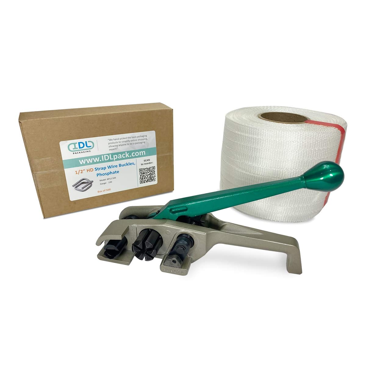 IDL Packaging PRO Kit Woven Cord 1/2" x 1500' con Tensora Teknika MUL-325 y 500 Buckles WCSK.12.1500