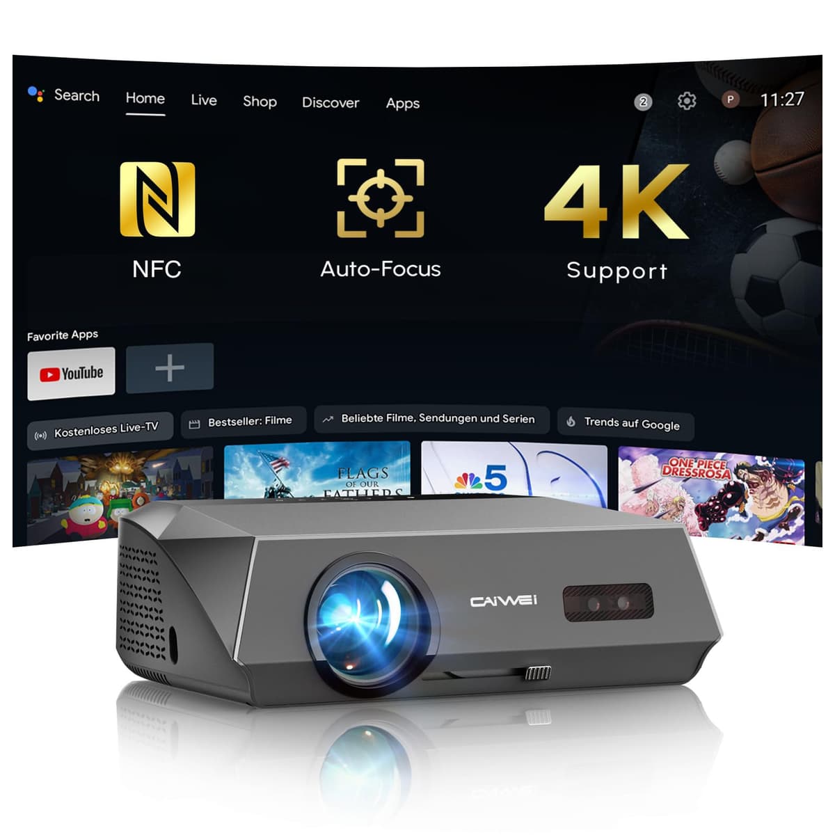 CAIWEI Proyector Smart 4K A10 - 2300 ANSI, Google TV, enfoque automático ToF CMOS, WiFi6, NFC, Dolby Audio
