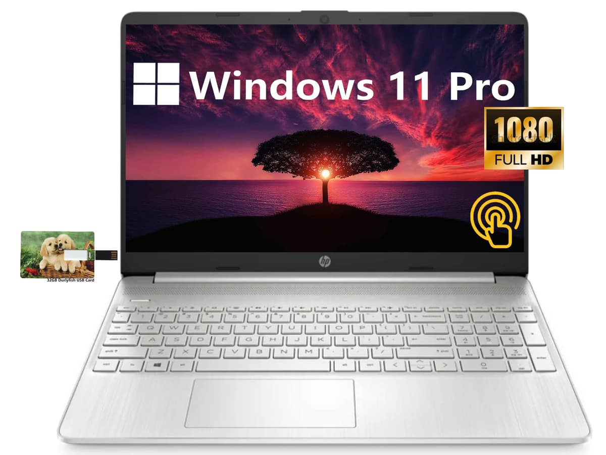HP Laptop empresarial de 15.6" FHD con pantalla táctil IPS, Intel Core i7-1165G7, Windows 11 Pro, 32GB RAM, 512GB SSD, gráficos Intel Iris Xe, cámara web, WiFi, HDMI, tarjeta USB de 32GB HP 15