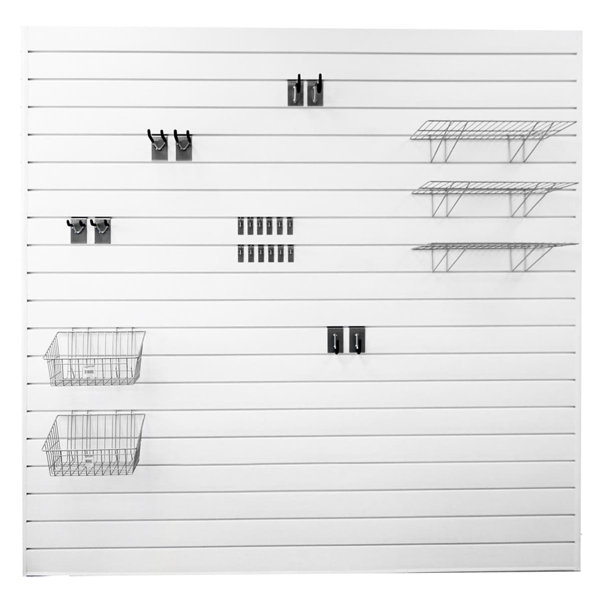 Proslat 33009 Bundle Ultimate de Slat Wall blanco con ganchos, estantes y cestas