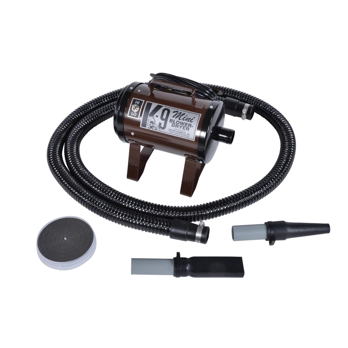 Secador de Perros Mini K-9 de Alta Velocidad Electric Cleaner Company ECC - Secador de Mascotas Portátil con 2 Velocidades, Manguera de 10' y Accesorios, Marrón