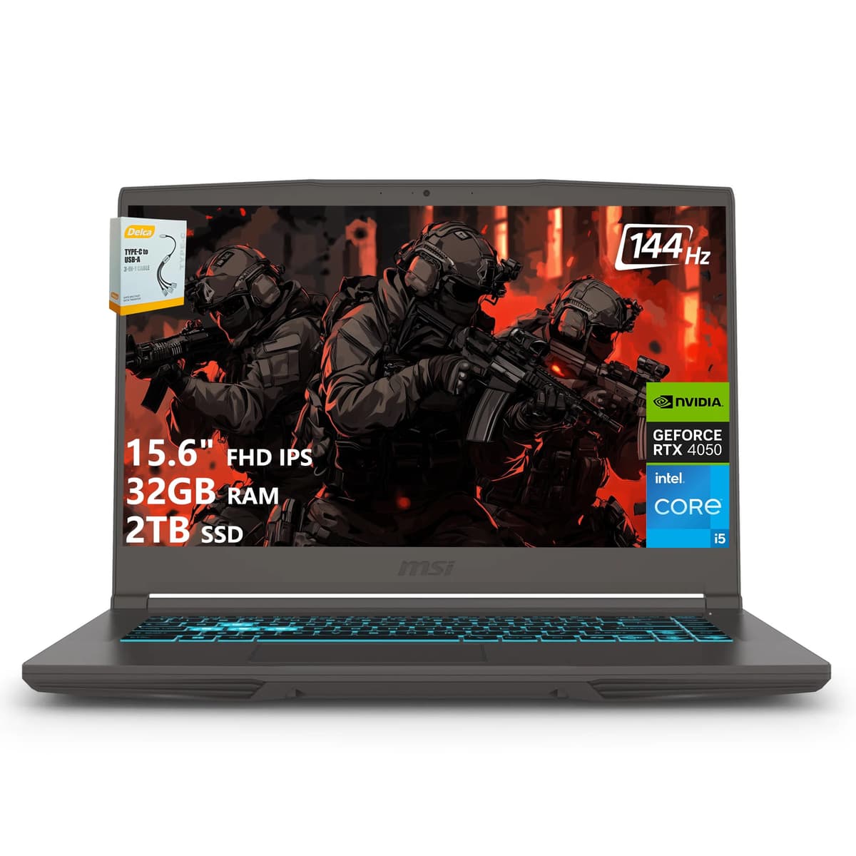 Notebook para Juegos MSI Thin 15 | 15.6" FHD IPS 144Hz | Intel i5-13420H de 8 núcleos (> i7-12650H) | 32GB RAM 2TB SSD | GeForce RTX 4050 6GB | Teclado Retroiluminado con Type-C Wi-Fi 6E Win11 con Accesorio DLCA MSI THIN 15 i5 4050