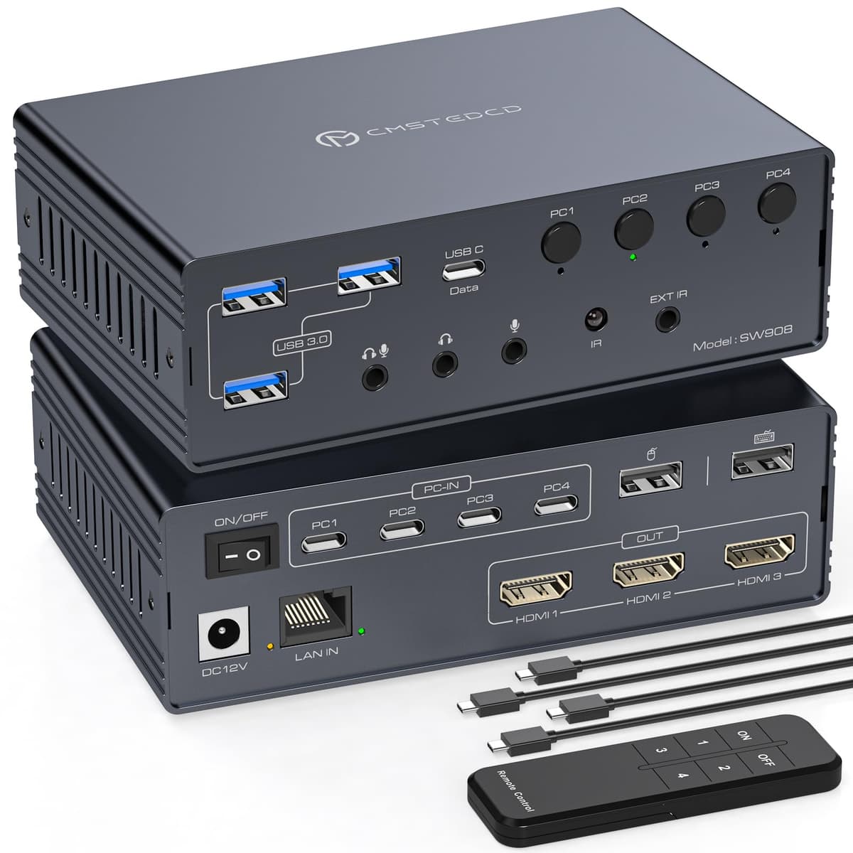 CMSTEDCD Thunderbolt 4 KVM Switch Docking Station para 4 computadoras y 3 monitores 4K60Hz con USB 3.0 y Ethernet SW908-Deep Grey