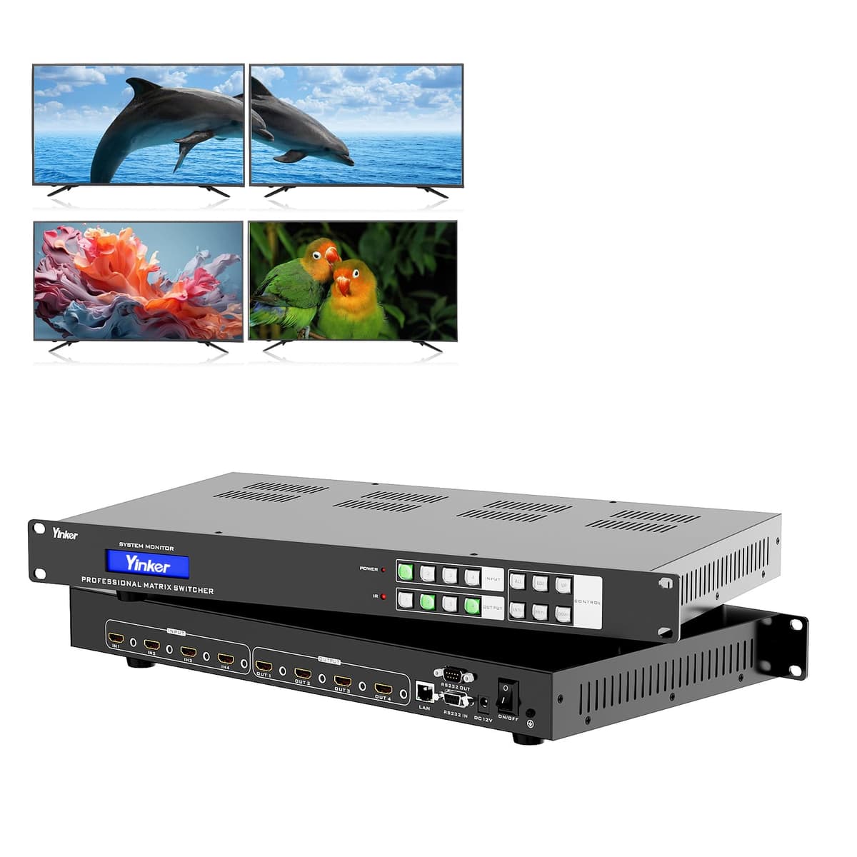 Yinker Professional Matriz HDMI 4x4 4K60Hz, Procesador de Video Wall HDMI 2x2 Sin Costuras, Soporta HDCP 2.2, RGB 4:4:4 y Empalme Personalizado, Inserción y Extracción de Audio, Interfaz Web y Control por APP H2M44H
