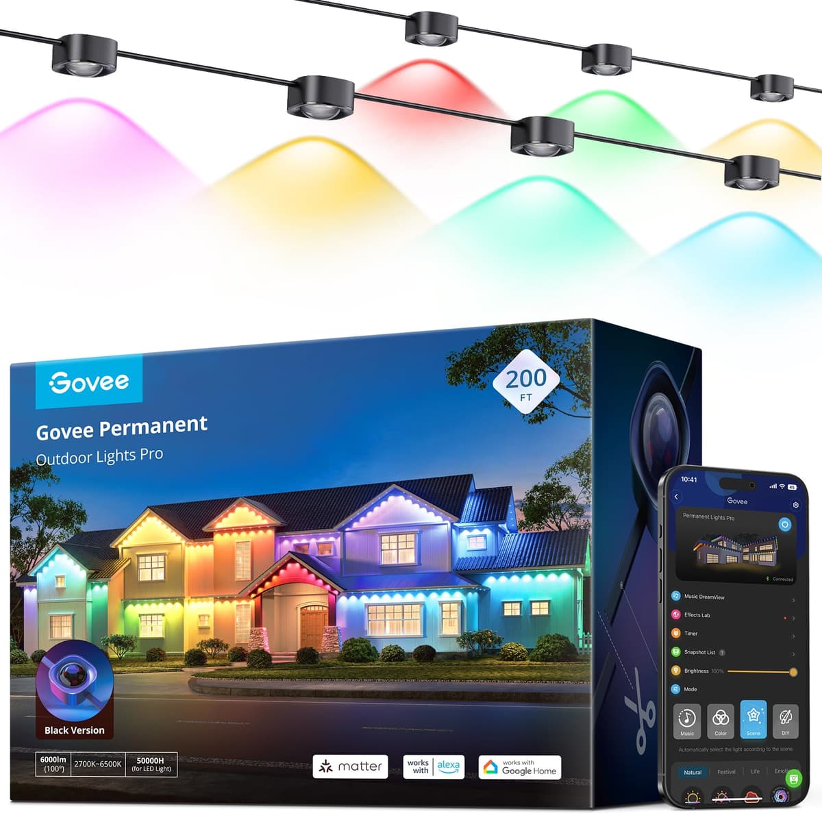 Govee Permanent Outdoor Lights Pro, 200ft, 120 LEDs RGBIC, resistentes IP67, negro H706C111