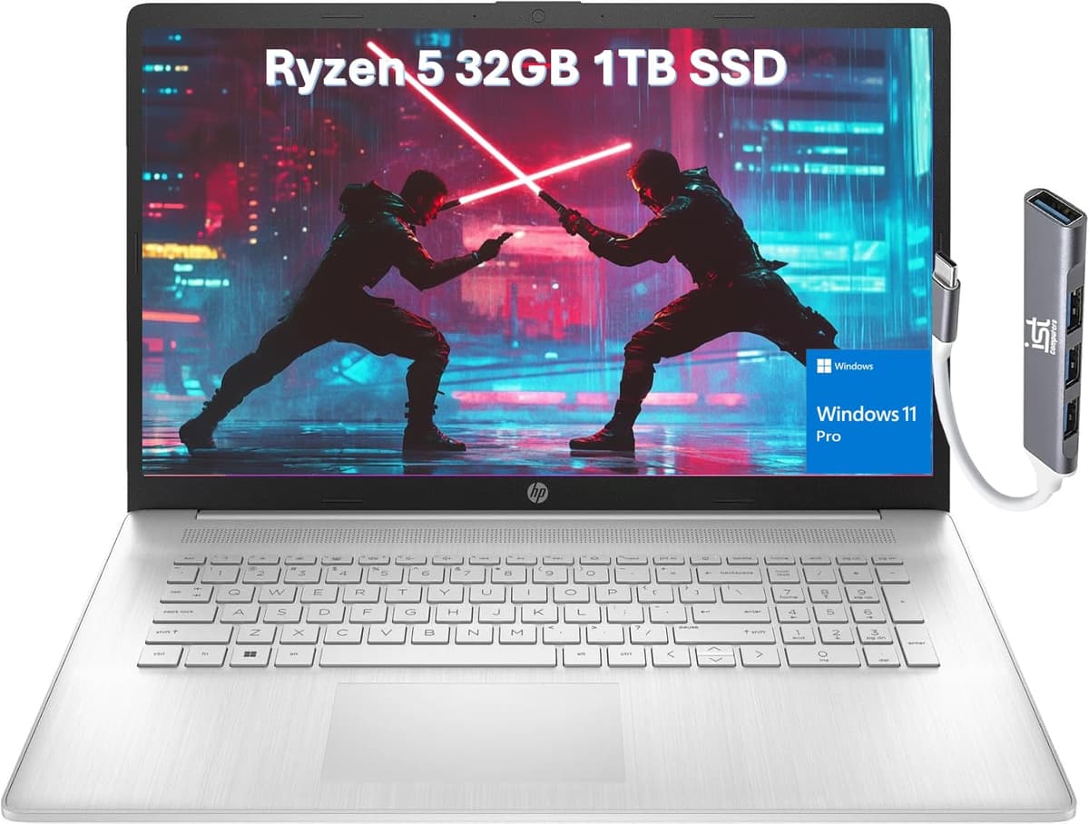 HP 17 Portátil (17.3" FHD Antirreflejo, AMD Ryzen 5 5500U, 32 GB RAM, 1 TB SSD, 6 núcleos (> i7-1165G7)) para Negocios, Empresas, Estudiantes, Larga Duración de Batería, Cámara Web, Carga Rápida, IST Hub, Windows 11 Pro, Plata 17-cp0012nr