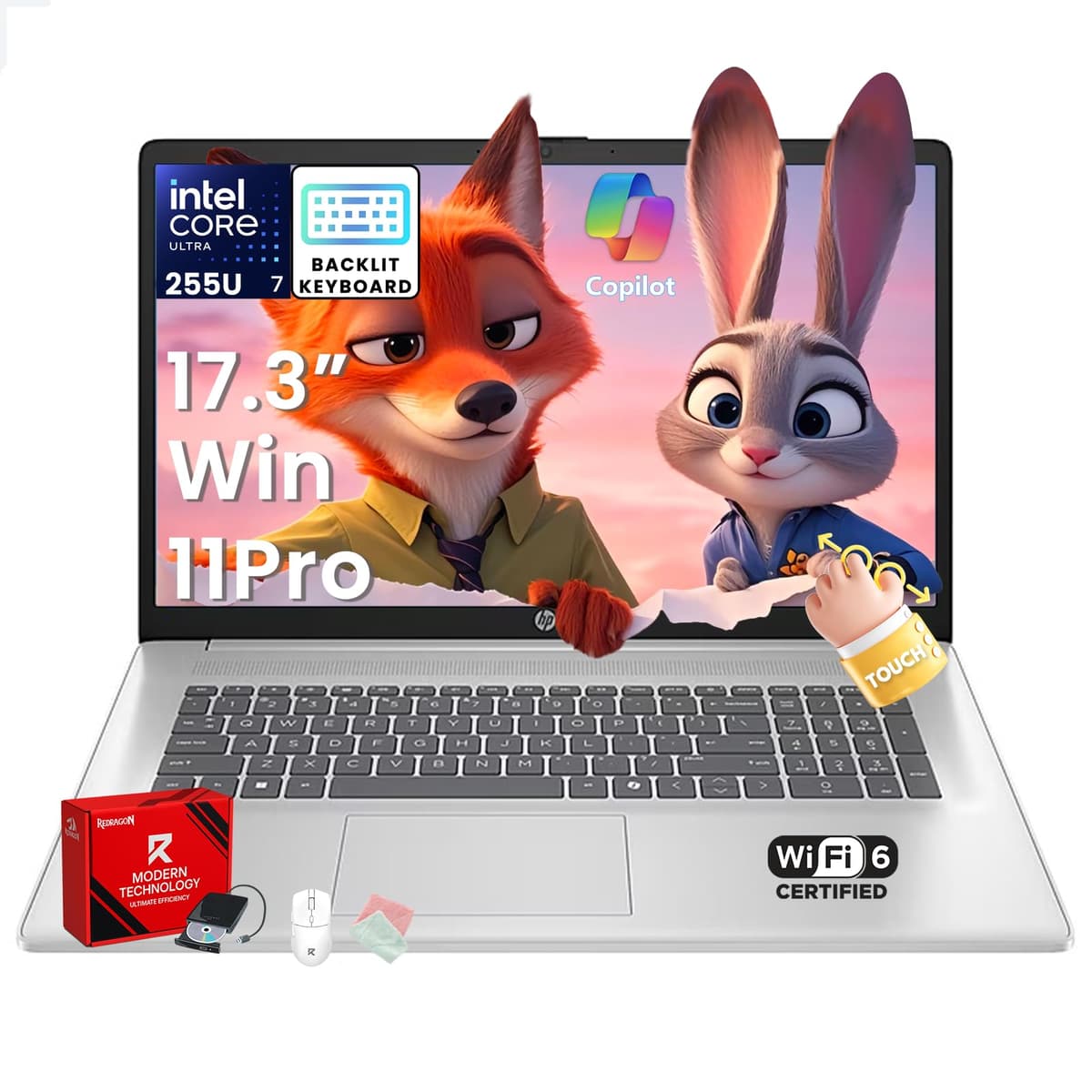 Laptop empresarial HP táctil 17 pulgadas - Intel Ultra 7 255U (hasta 5.2 GHz), AI Copilot, 17.3" anti-reflejo HD+, teclado retroiluminado, lector de huellas, Windows 11 Pro, Wi-Fi 6, con accesorios (32 GB RAM DDR5, 1 TB SSD) HP Touchscreen Laptop