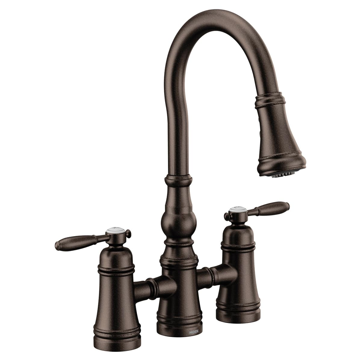 Moen S73204ORB Grifo de cocina de puente Weymouth de dos manijas con caño extraíble, Oil Rubbed Bronze