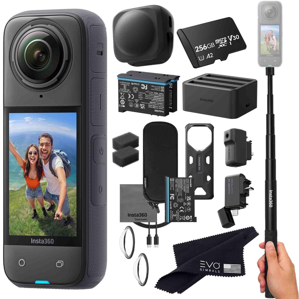 Insta360 X4 Pro Bundle (256GB) con Selfie Stick, 2 baterías extra y accesorios X4_SELFIE_2BATT_Charger_QR_Mic