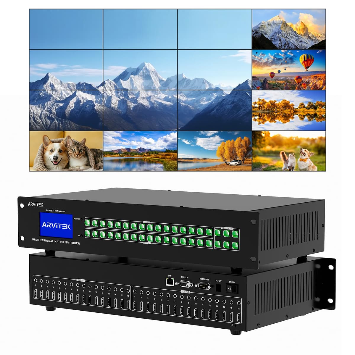 Matriz HDMI 16x16 Arvitek 4K con Control Web GUI, Video Wall, Rack 2U, Audio Out 16 In 16 Out