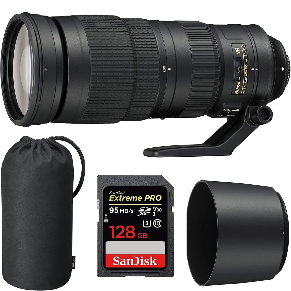 Beach Camera Nikon 200-500mm f/5.6E ED VR AF-S NIKKOR Zoom Lens (bundle con SanDisk 128GB) E10NK200500VR