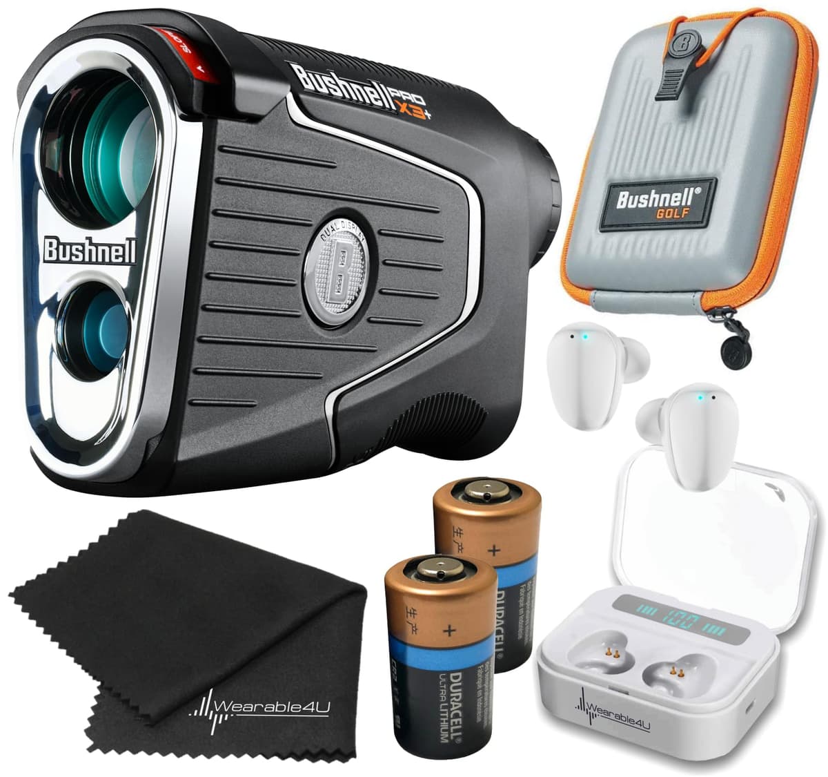Wearable4U - Bushnell Pro X3+ Laser Rangefinder (MPN: 202450) con earbuds blancos y toalla, Bundle 2×CR2 TWS X7/X7-1