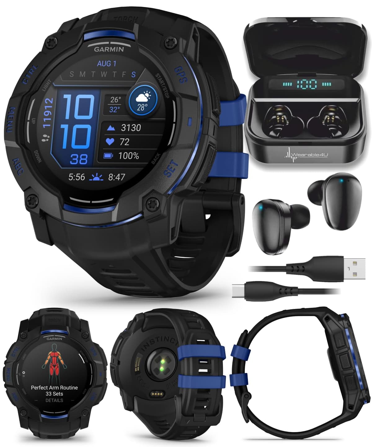 Garmin Instinct 3 Rugged Reloj GPS Inteligente para Exterior - 50 mm AMOLED, Colección Supernova, Edición Limitada, Seguimiento de Salud y Fitness, Linterna Incorporada, Negro/Azul Bolt con Audífonos Wearable4U Negros incluidos TWS X7